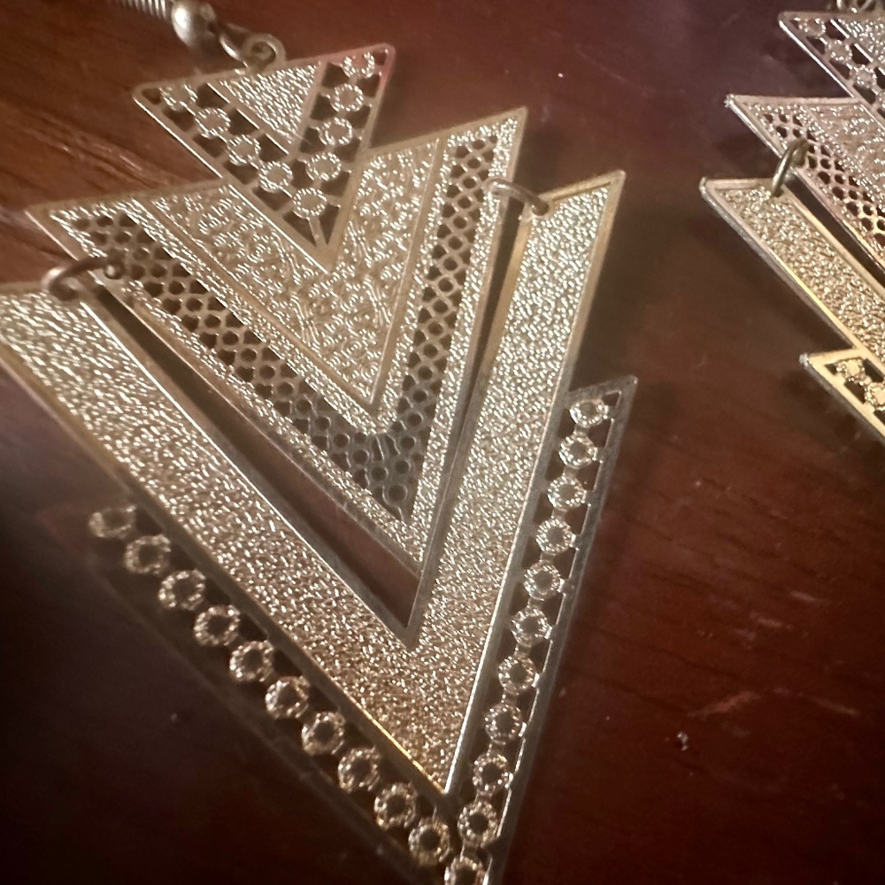 Italian Triangular Gold-Colored Lightweight Dangle Statement Earrings